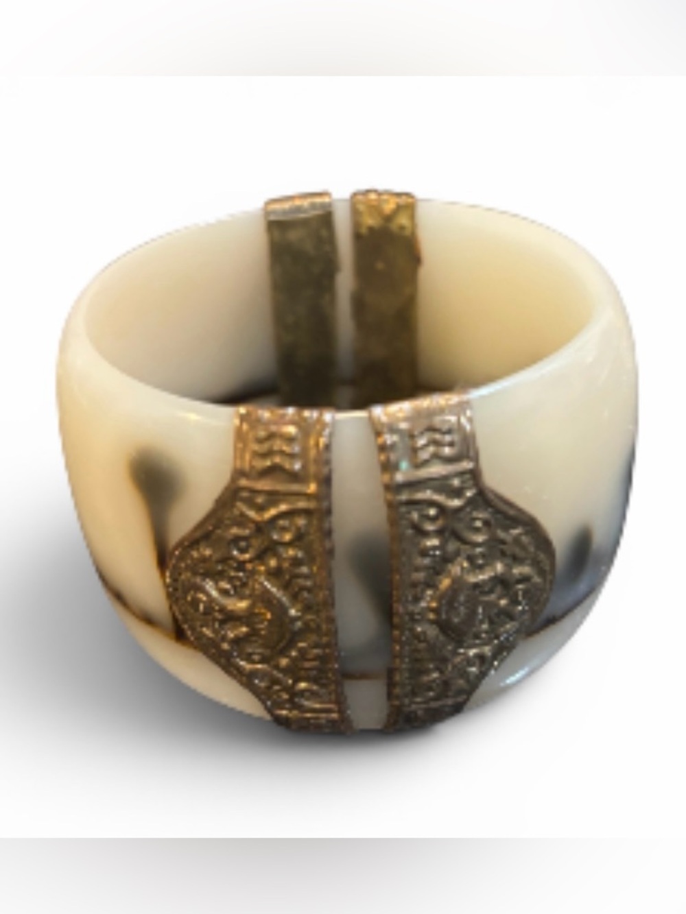White and Black Resin Cuff Bracelet with Ornate Brass Tone Accents
